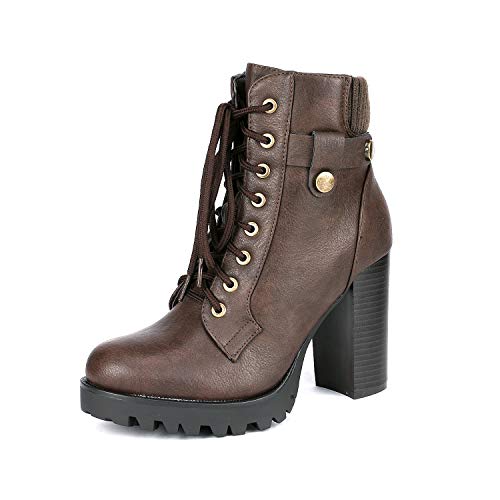 DREAM PAIRS Women's Lace up Combat Ankle Boots High Chunky Heel Fashion Heeled Booties Shoes 5.5 Brown