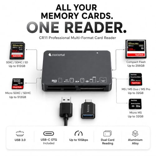 Image of Coconut CR11 USB 3.0 Card Reader with Type C 3.1 OTG, 6 in 1 Memory Card Adapter Compact Flash CF, TF, SD, MicroSD, SDHC, SDXC, MS Upto 10 Gbps Speed for Windows & Mac - PC Laptop Mobile - Black | 6 in 1 Memory Card Adapter, Compact Flash CF, TF, SD, MicroSD, SDHC, SDXC, MS, Upto 10 Gbps Speed