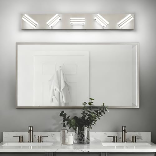 Image of SOLFART LED Bathroom Lighting Fixtures - 5 Lights Modern Brushed Nickel Acrylic Vanity Lights for Mirror 32inch 24W 5CCT