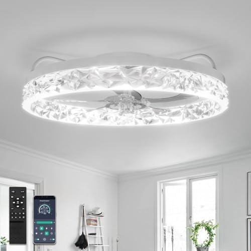 YUNLONG Ceiling Fans with Lights and Remote Quiet Fan for Bedroom Crystal Led Fan Chandelier DC Motor Winter Summer Mode 6 Wind Speeds Adjustable Dimmable Ceiling Fan with Lighting,White