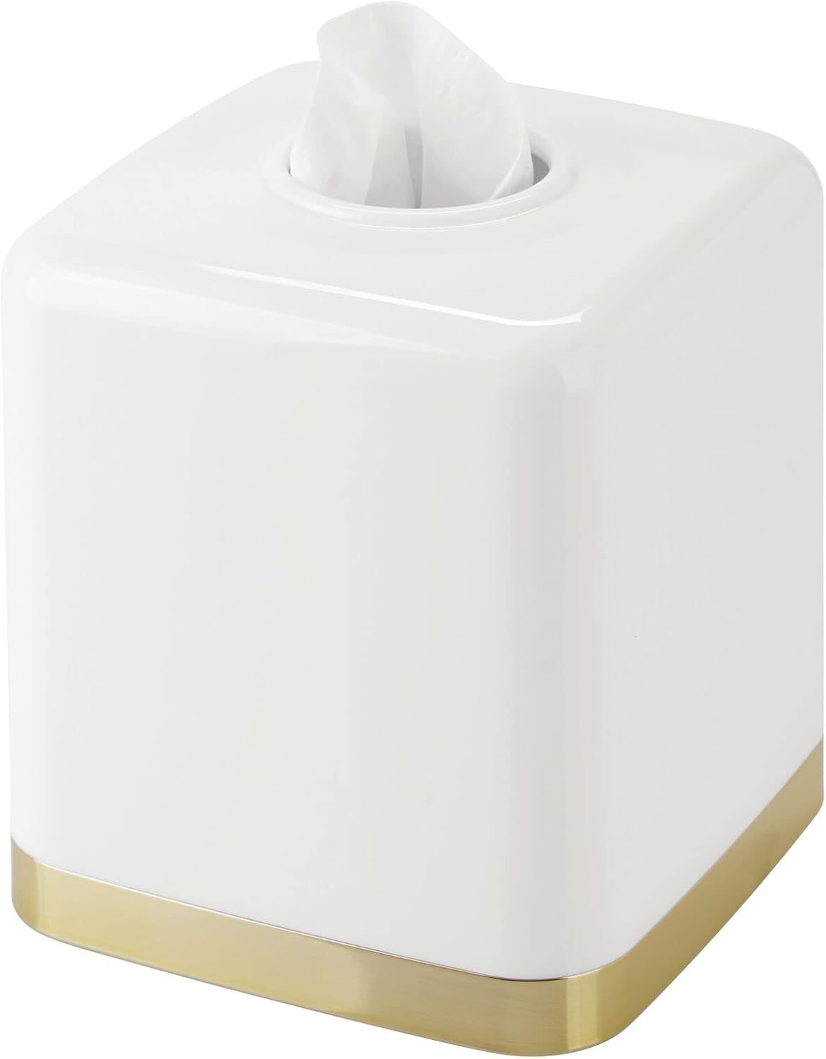 mDesign Plastic Square Disposable Facial Tissue Box Cover for Bathroom Vanity, Countertop, Bedroom Dresser, Night Stand, Office Desk, End Table, Hold Paper Tissues - Hyde Collection - White/Chrome