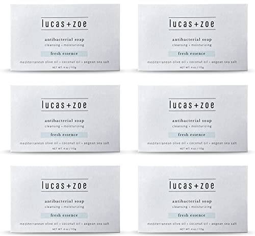 Lucas + Zoe Fresh Essence Antiseptic Bar Soap - 4 Ounce Moisturizing Body Soap Bar Made With Natural Ingredients Like Mediterranean Olive Oil, Coconut Oil, & Aegean Sea Salt - Made In Greece - 6 Pack