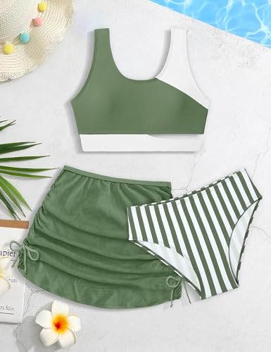Image of BAVADER Teen Swimsuits for Girls 12-14 Teen Bathing Suits for Girls 12-14 Stripe High Waisted Bathing Suit Color Block Sporty Bikini Swimsuits Swim Cover Up Skirt 3 Piece Set Green