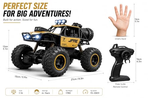 Image of RC Rock Crawler 4WD Remote Control Car for Kids, Rechargeable Off Road RC Car with 2.4GHz Remote Control, LED Lights, Shockproof Suspension, Oversized Anti-Slip Tires, Alloy Body Toy Vehicle
