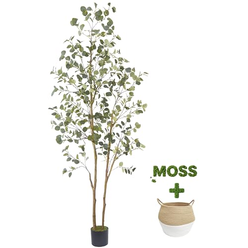 Warmplants Artificial Eucalyptus Tree 8ft Large Fake Silk Leaves Eucalyptus Plant with Basket 96 Faux Tree for Home Office Livingroom Floor Decor Indoor Outdoor