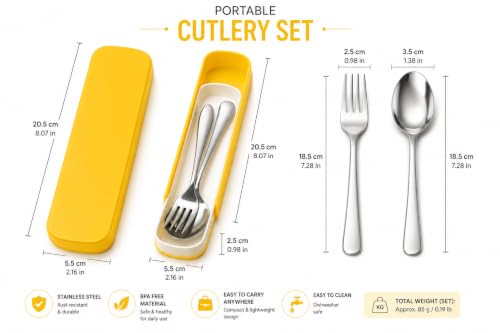 Image of Cutlery Set with Box for Dining | Stainless Steel Spoon, Fork | Reusable Tableware for Home, Kitchen, Office, Restaurant & Travel | Durable Mirror Finish Flatware