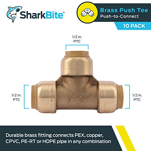 Image of SharkBite 1 /2 Inch Tee, Pack of 10, Push to Connect Brass Plumbing Fitting, PEX Pipe, Copper, CPVC, PE-RT, HDPE, U362LFCP