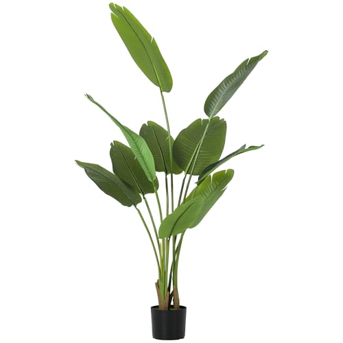 HOMCOM Planta Artificial Decorativa 160 cm Bananera Artificial con Maceta y Hojas para Interior Hogar Salón Oficina Verde