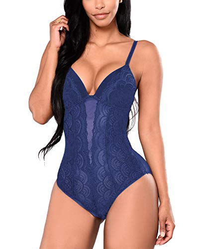 Aranmei Women's Deep V Lace Bodysuit Sna-p Crotch Leotard Teddy Lingerie (Navy X-Large)