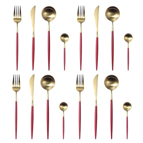 Image of aDai Premium Gold SUS304 Stainless Steel Cutlery Set - 8 Spoons, 4 Fork, 4 Steak Knife - Mirror Finish Dinnerware Flatware (Cherry Red - Set of 16)