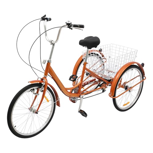 Triciclo de 24 pulgadas de 6 velocidades para adultos, triciclo para adultos, triciclo para personas mayores con cesta y luz, 3 ruedas grandes para compras y excursiones (amarillo)