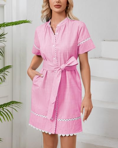 Image of Women's Summer Shirt Dress Short Sleeve Button Down Mini Tie Waist Belted Tunic with Pockets RIC Rac Trim