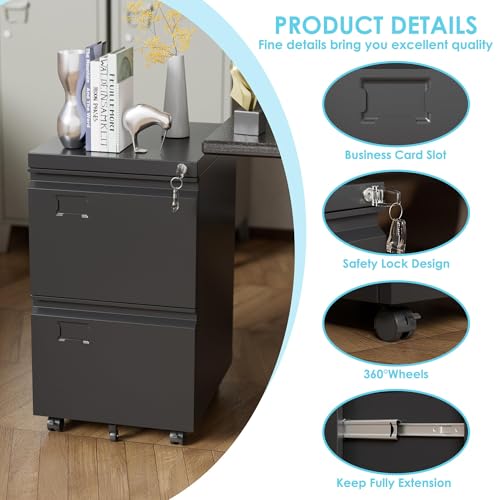 Aobabo 2 Drawer File Cabinet with Wheels, Lockable Metal Filing Cabinet with Business Card Slot for Legal/Letter Size Home Office, Required Assembled,Black - Image 5