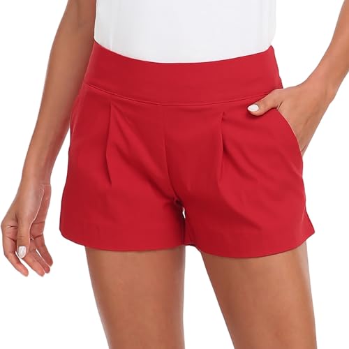 Womens Dress Shorts High Waisted 3 Inseam Pleated Chino Trouser Dressy Shorts for Women Casual Business Summer Work with Pockets Red XL