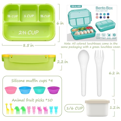 Image of QQKO Bento Box for Kids Adults, School Toddler Lunch Box for Boys Girls, Lunch Box Containers with 4 Compartments, Sauce Container, Utensils, Food Picks and Muffin Cups for School, Pink Yellow Green