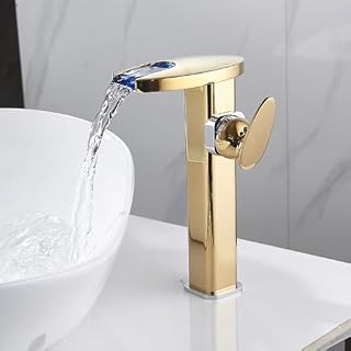 Grifo de lavabo de baño con boquilla de cascada de luz LED, hidroeléctrico, material de latón para lavabo sobre encimera