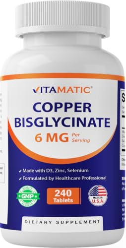 Vitamatic Copper Bisglycinate 6 mg Made with Vitamin D3 2000 IU, Zinc 50mg, Selenium 50mcg - 240...