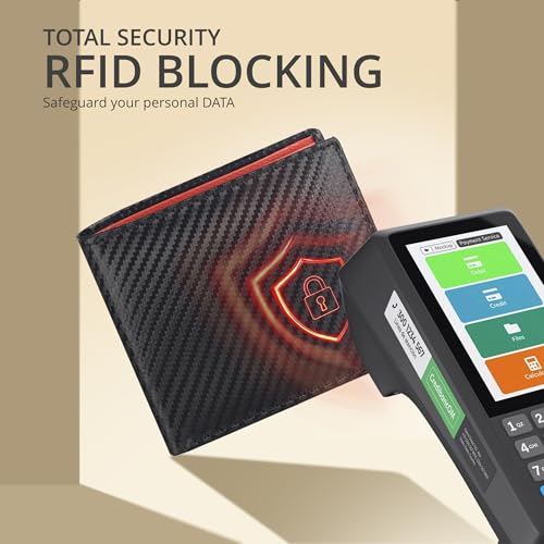 Image of Oak Leathers Slim Leather Wallet for Men - RFID Blocking Slim Minimalist Front Pocket - Thin & Stylish with ID Window, Gift For Men(Black Carbon /Orange)