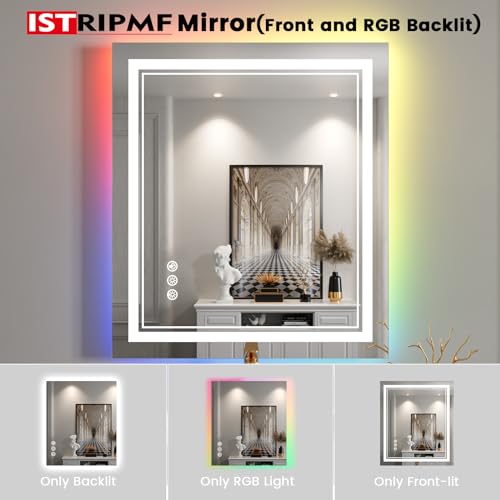 28x32 inch LED Bathroom Mirror with RGB Lights Color Changing Backlit Mirror Shatterproof Dimmable Anti-Fog Lighted Vanity Mirror (RGB Multicolor Backlit + Adjustable Front-Lighted)