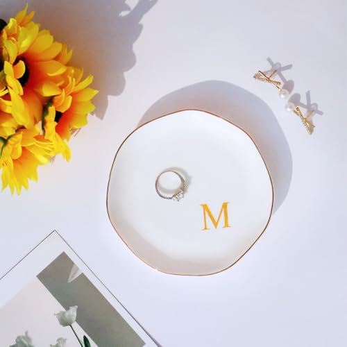 Image of Ceramic Jewelry Tray Initial Ring Dish Personalized M-Monogrammed Engagement Wedding Gifts, for Birthday Mother's Day Christmas for Women, Ceramic White 4.75 inch (M)