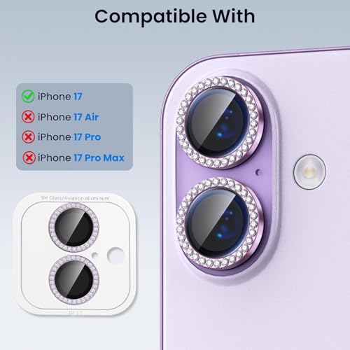 Image of Diamond Camera Lens Protector for iPhone 17 Purple HD Clear 9H Hard Tempered Glass Camera Cover Waterproof Easy Install Full Camera Protection Anti Drop Case Friendly Luxury Shiny Diamond Design