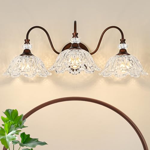 Image of Antique Red Bronze Finish Bathroom Vanity Light, 3-Light Vintage Vanity Light with Floral Clear Glass Shades, Retro Wall Mount Lighting for Bathroom, Dressing Table