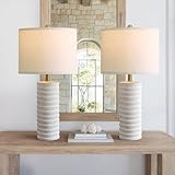 PoKat 27' Stone-Like Farmhouse Ceramic Table Lamps Set of 2 for Bedroom, Rustic Nightstands Lamps for Night Stands, Distressed Neutral Bedside Lamps with Natural Textured for Living Room, Home Decor