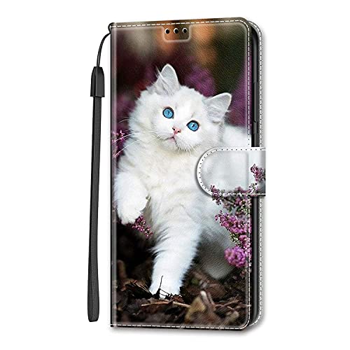 Nodigao Cuero Funda para Samsung Galaxy A17 4G 5G Antigolpes Libro Billetera Magnetica Flip Silicona Dibujos Animal Motivo Carcasa Case Bumper Kawaii Resistente Cover - Gato Blanco