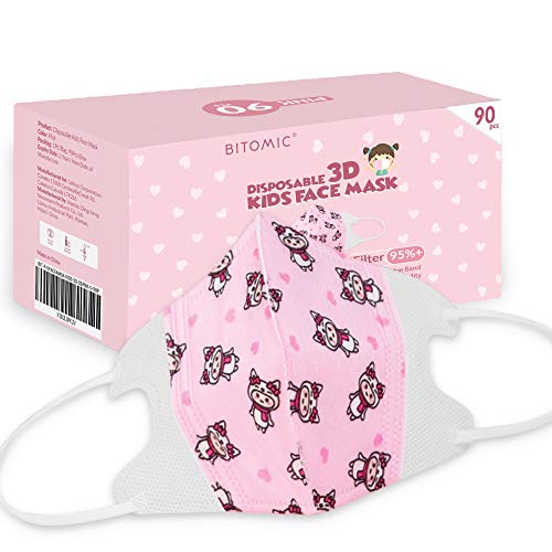 Face Masks for Kids Pink (90 Pack)- 3D Ergonomic & & Tight Sea & Skin Care & Sanitary | Cute Kids Face Mask w/ 3 Layer Filters, Elastic String - Breathable & Comfortable for Children Ages 4-10 Yrs Old