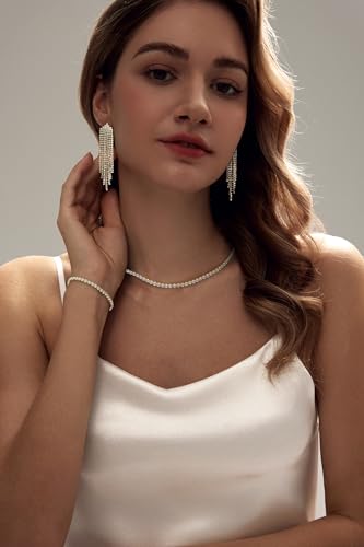 Image of HAXIYA Tennis Necklace Bracelet for Women, Sterling Sliver Jewelry Set, Silver /Gold Chocker Necklace, Crystal Bracelet for Women, Wedding Jewelry for Bride, Sparkly Party Prom Hypoallergenic