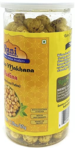 Image of Rani Jumbo Phool Makhana (Fox Nut /Popped Lotus Seed) Mint (Pudina) Savory Flavor 2.29oz (65g) Vacuum Sealed, Easy Open Top, Resealable Container ~ Indian Tasty Treats | Vegan | NON-GMO | Indian Origin