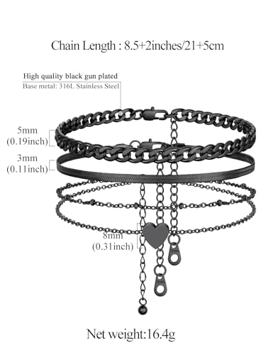 Image of FindChic Black /Silver /Gold Plated Anklets Set of 2PCS /3PCS Herringbone Chain Cuban Link Heart Charm Sparkling Tennis Ankle Bracelets, Waterproof Summer Foot Jewelry for Beach