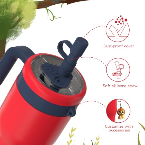 Image of OISIZ 14oz Kids Tumbler with Straw Lid & Handle,Kids Cup with Animal Accessory for School,Kids Water Bottles with Dust-proof Cover,Leakproof Water Bottles,316 Stainless Steel,Keep Cold 24 Hours-red