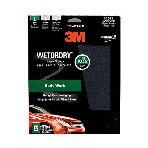 Image of 3M Wetordry Sandpaper, 32043, 220 Grit, 9 in x 11 in, 5 Sheets Per Pack