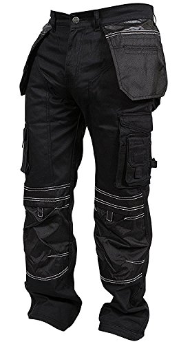 Newfacelook Mens Cargo Trousers Working Pants Cordura Knee Pockets, Black, 32W x 32L