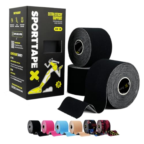 SPORTTAPE Kinesiologie Tape - 3 Rollen Schwarz, 5 cm × 5 m – elastisch & wasserfest kinesiotapes/tape sport, hautfreundlich Baumwolle, starke Haftung, latexfrei für Muskel- & Gelenk-Support