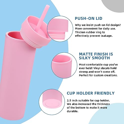 Volhoply 16oz Tumbler with Lid and Straw 8 Pack,Double Wall Plastic Skinny Tumblers Bulk,480ML Reusable Cute Coffee Mug,BPA Free Matte Acrylic Water Cups with Straw for Parties,DIY Gifts(Pink,8 Set - Image 4