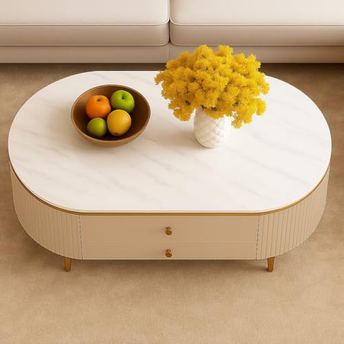 Image of WOODEN SPACE Premium Moderno Marble-Top Coffee Table with Storage Drawer & PVD Coated Iron Legs | Oval Wooden Center Table for Living Room & Entryway (Cream)