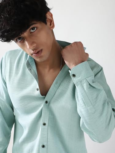 Image of Urbano Fashion Men's Linen Blend Full Sleeve Relaxed Fit Mandarin Collar Casual Solid Shirt