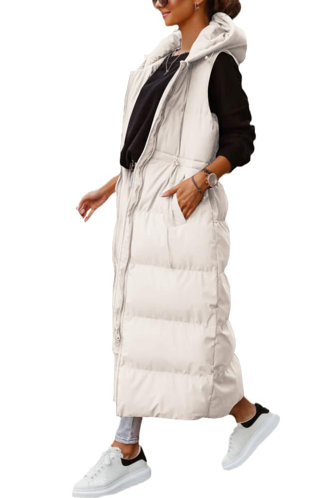Shanfetl Women's Long Quilted Vest Hooded Maxi Length Sleeveless Puffer Vest Padded Coat Winter Outerwear