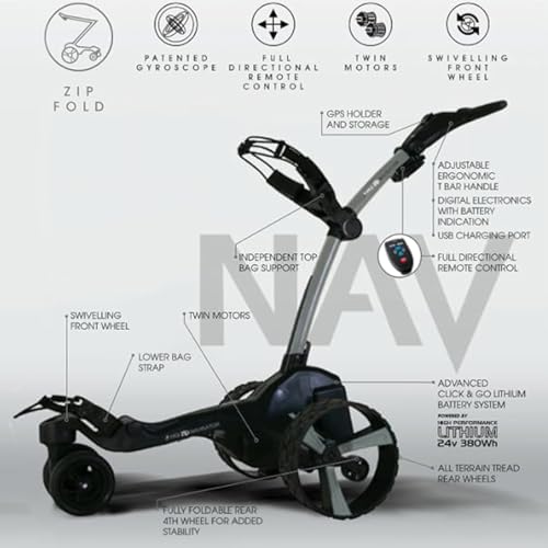 MGI Zip Navigator Remote Controlled Electric Motorized Golf Caddy Push Cart Includes Umbrella, Drink Holders | Plays 36 Holes, Foldable and Fully Directional with Signature Series Power Bundle