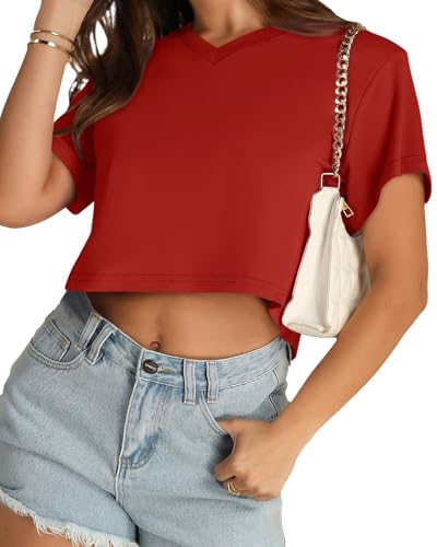 Image of Womens Crop Tops Short Sleeve V Neck Summer Cropped T Shirts Baisc Tees