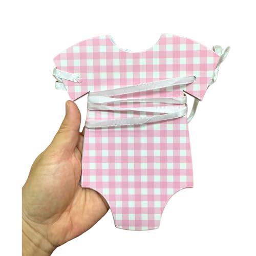 Image of Pre-Strung Pink Gingham Bodysuit Baby Shower Garland Banner - 9 Double-Sided Onesie Cards-Baby Shower Decoration for Girls, Pink Nursery Decor, Newborn Celebration Banner