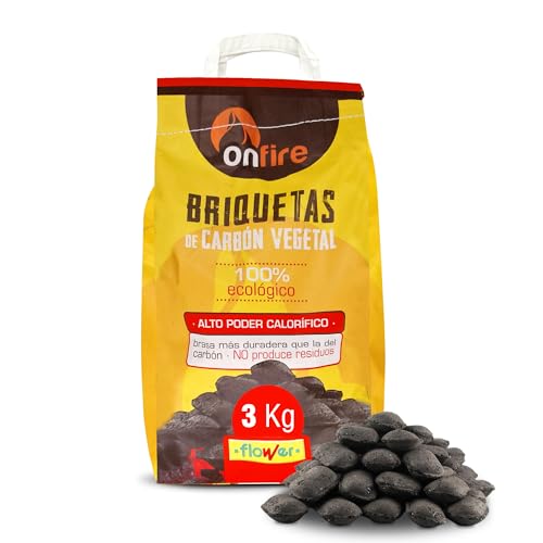 FLOWER Carbon Vegetal Briquetas 100% Natural 3 kg | Carbón para Barbacoas, Parrilas y Chimeneas | Brasas Rápidas en Menos 20 Minutos | Sin Aditivos Químicos Ni Minerales | Alto Poder Calorífico