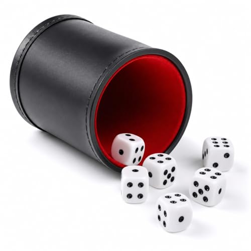 RERIVER Felt Lined PU Leather Dice Cup Set with 6 Dot Dices (Black Pack of 1)