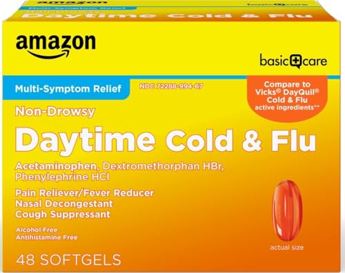 Amazon Basic Care Daytime Cold & Flu Liquid Caps; Cold Care for Daytime Cold and Flu, Orange, 48 Count (Pack of 1)