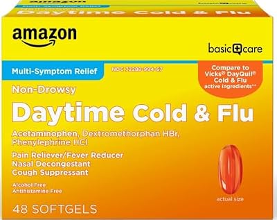 Amazon Basic Care Daytime Cold & Flu Liquid Caps; Cold Care for Daytime Cold and Flu, Orange, 48 Count (Pack of 1)