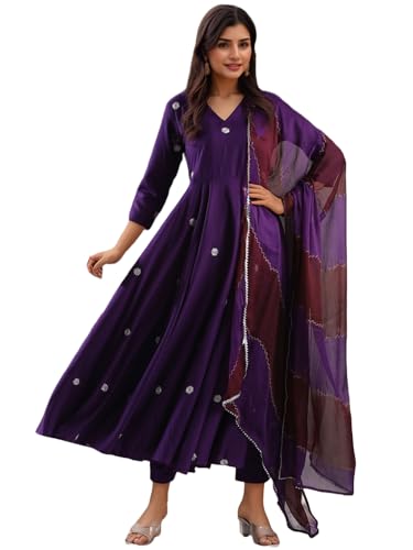Image of ANNI Designer Women's Rayon Viscose Anarkali Embroidered Kurta with Pant & Dupatta