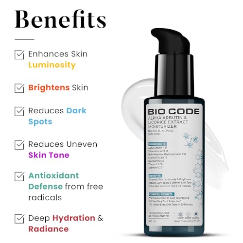 Image of Bio Code 1.5% Alpha Arbutin Brightening Moisturizer (100ml) - with 1% Tranexamic Acid, 1% Licorice & 2% Niacinamide | For Even Tone & Deep Hydration | AI-Enhanced Formula | Dermatologist Recommended