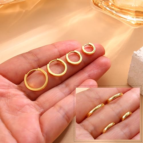 4 Pairs 18K Gold Plated Hoop Earrings Set for Women 925 Sterling Silver Post Small Gold Huggie Chunky Earrings for Multiple Piercing Cartilage Hoop Earrings Stack Jewelry 6mm 8mm 10mm 12mm4